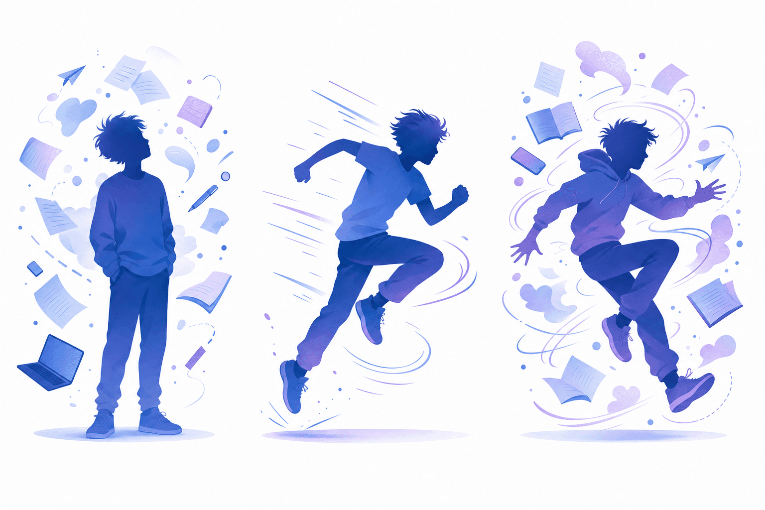 A clean, modern illustration showing three distinct human silhouettes representing different ADHD presentations: one figure surrounded by scattered floating objects and papers representing inattention and distraction, one figure in dynamic motion with energy lines showing physical restlessness and movement, and one figure combining both scattered elements and motion effects. Use a calming blue and purple color palette with soft gradients, minimal style, professional healthcare aesthetic, white background.