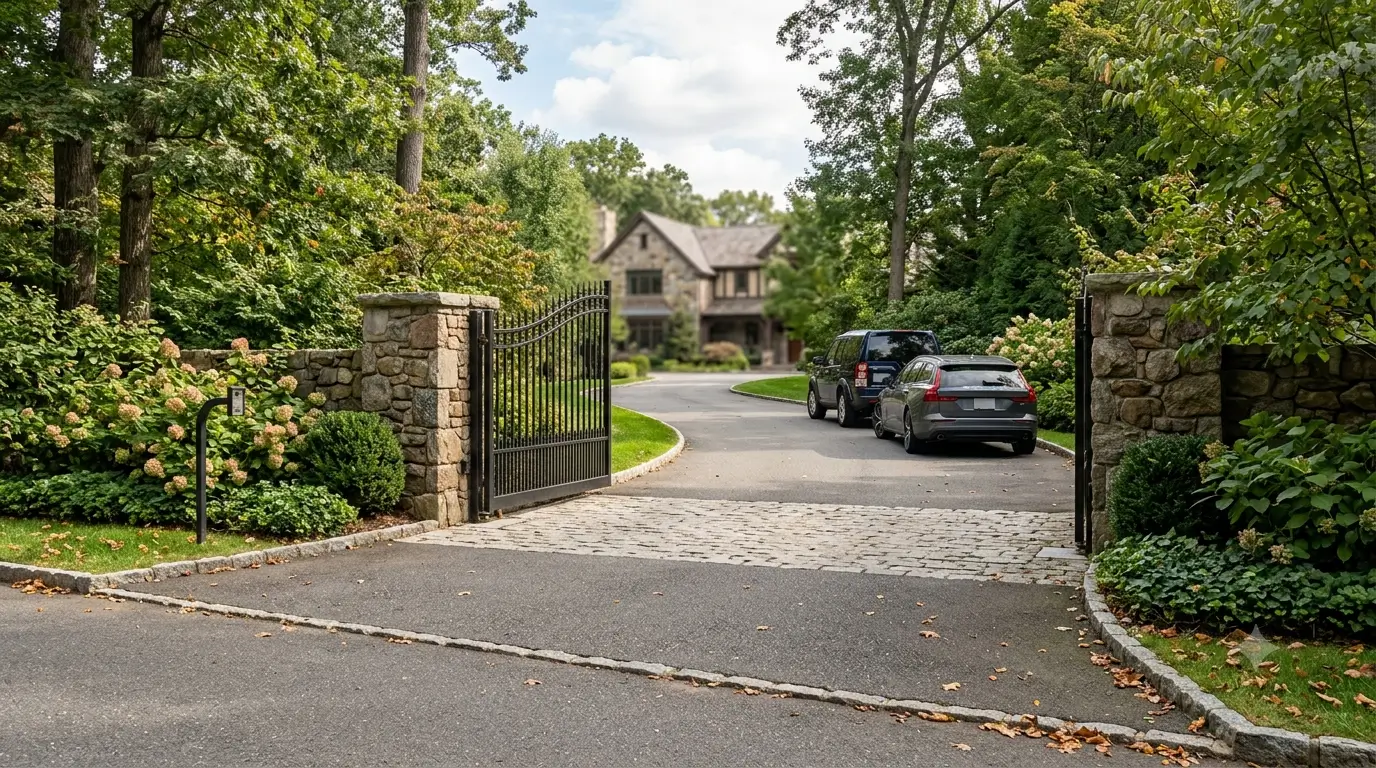 Private driveway parking entrance photographed from the street as a guest approaches it.