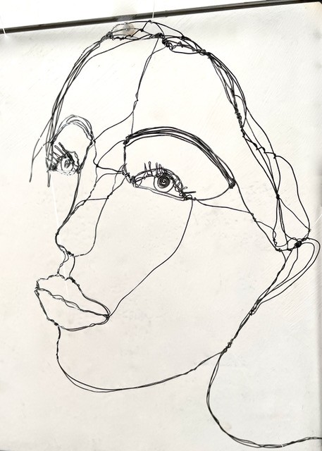 Sculpture en fil de fer représentant le visage d'une femme dans un cadre en fil de fer, vue détaillée de côté avec son ombre projeté sur le mur