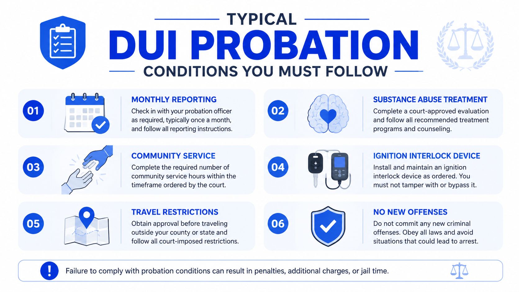 A list of six typical DUI probation conditions displayed as an infographic for informational purposes.