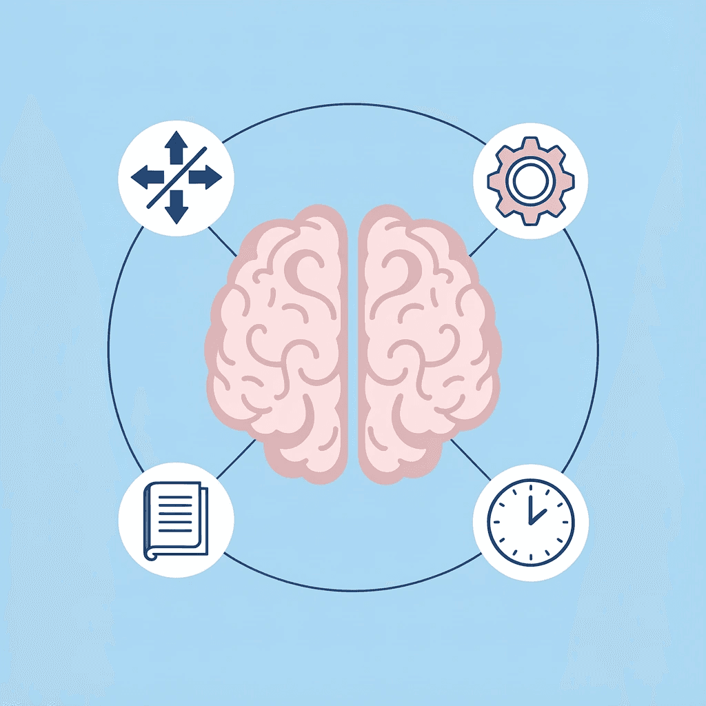 Central brain icon with four connected elements showing how multitasking creates cognitive overload