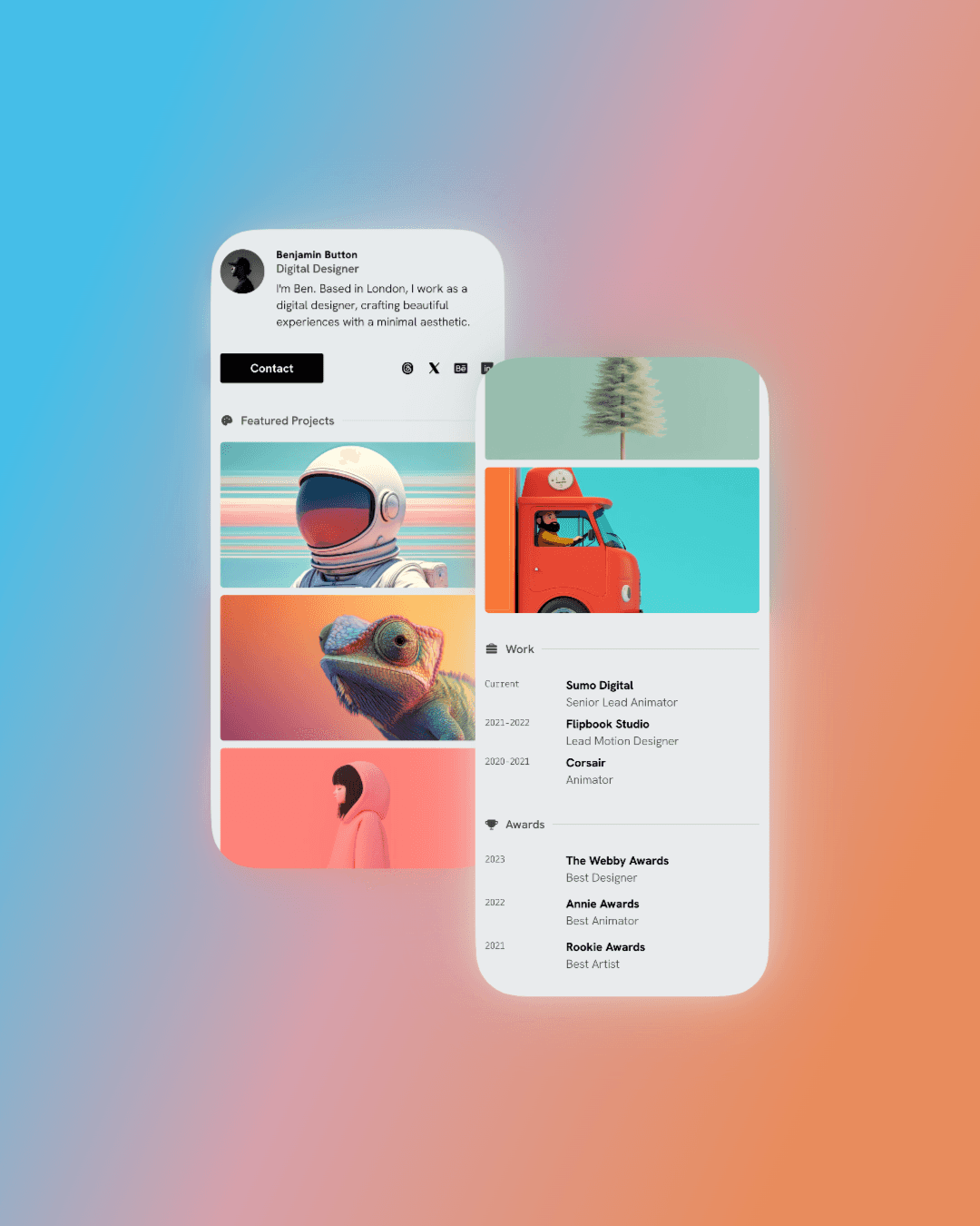 Mobile mockup of The Kudo Studio minimalist website design, showcasing clean typography and a no-code web design layout.