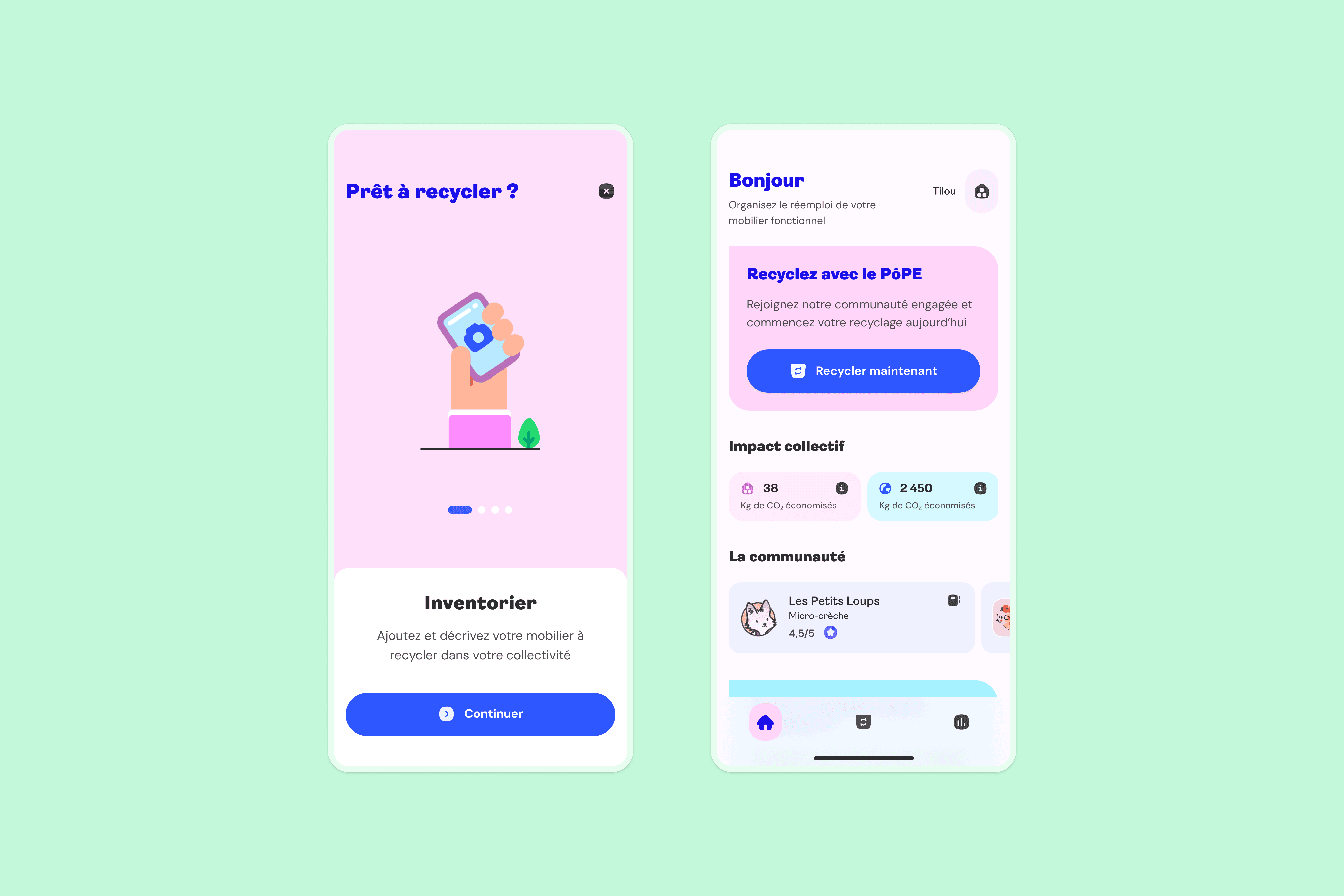 Le PôPE Recycling app Onboarding and Home