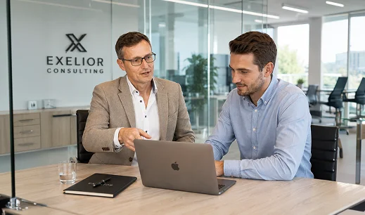 Zwei Berater arbeiten gemeinsam am Laptop in einem Agenturbüro