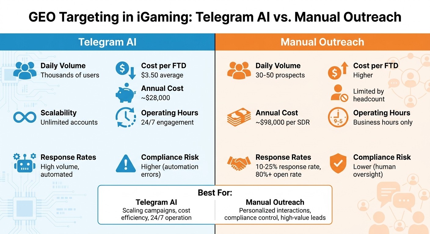 Telegram AI vs Manual Outreach for iGaming GEO Targeting Comparison
