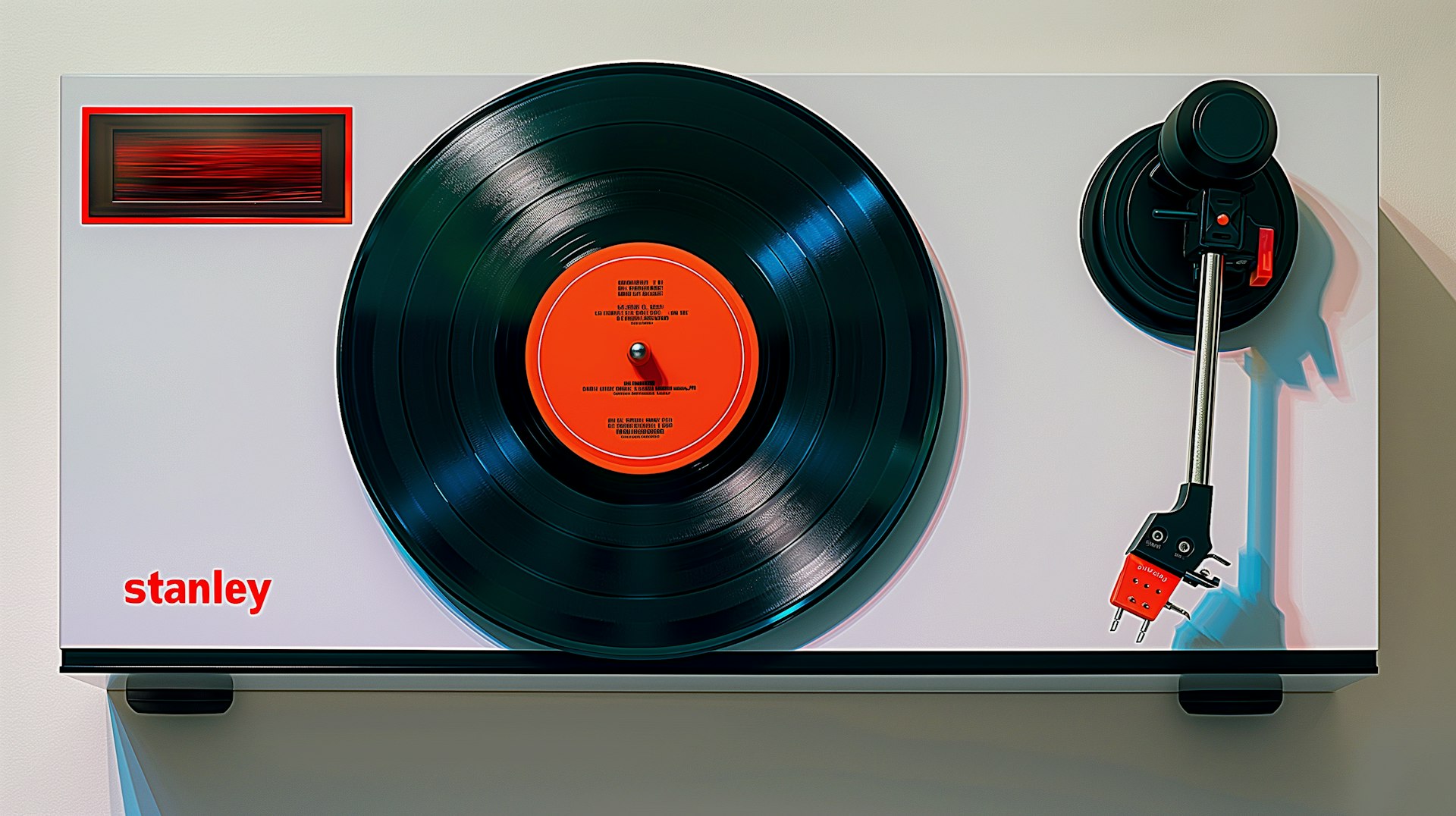 The image displays a modern and minimalist vinyl record player with a sleek design. The focal point is a large, shiny black vinyl disc with a vibrant orange label.