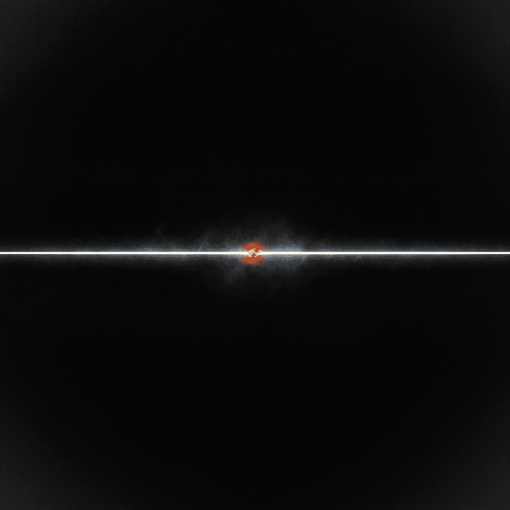 Single thin orange thread of light suspended in deep black void with faint atmospheric haze