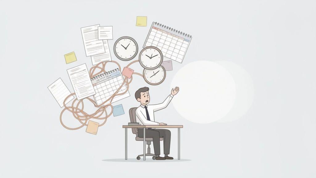 Cartoon man at a desk looks overwhelmed by flying papers, calendars, and multiple clocks.