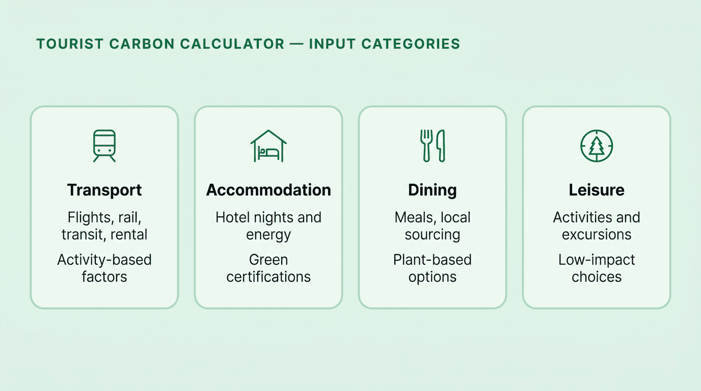 Tourist carbon calculator input categories showing transport, accommodation, dining, and leisure cards with icons
