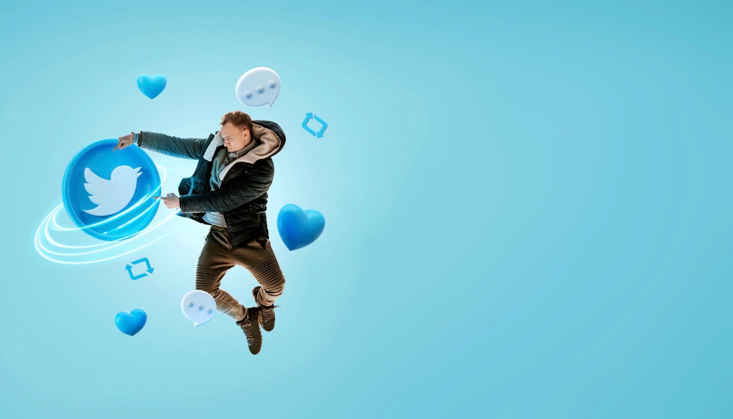  A man is captured mid-jump, with a vibrant blue Twitter icon floating above, representing enthusiasm for social media.