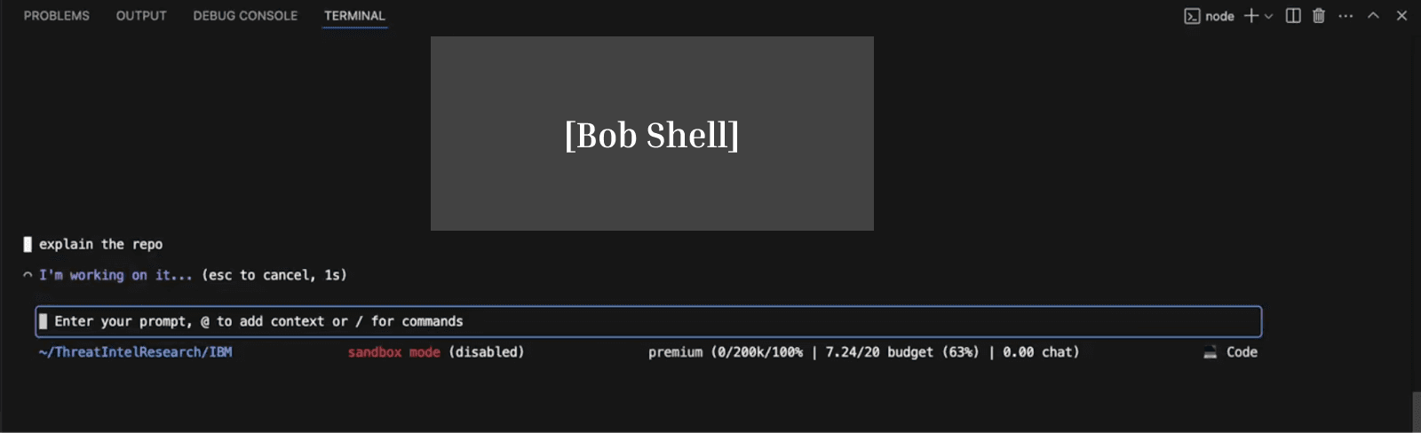 The user opens a repository and sends the Bob CLI a message 'explain the repo'.