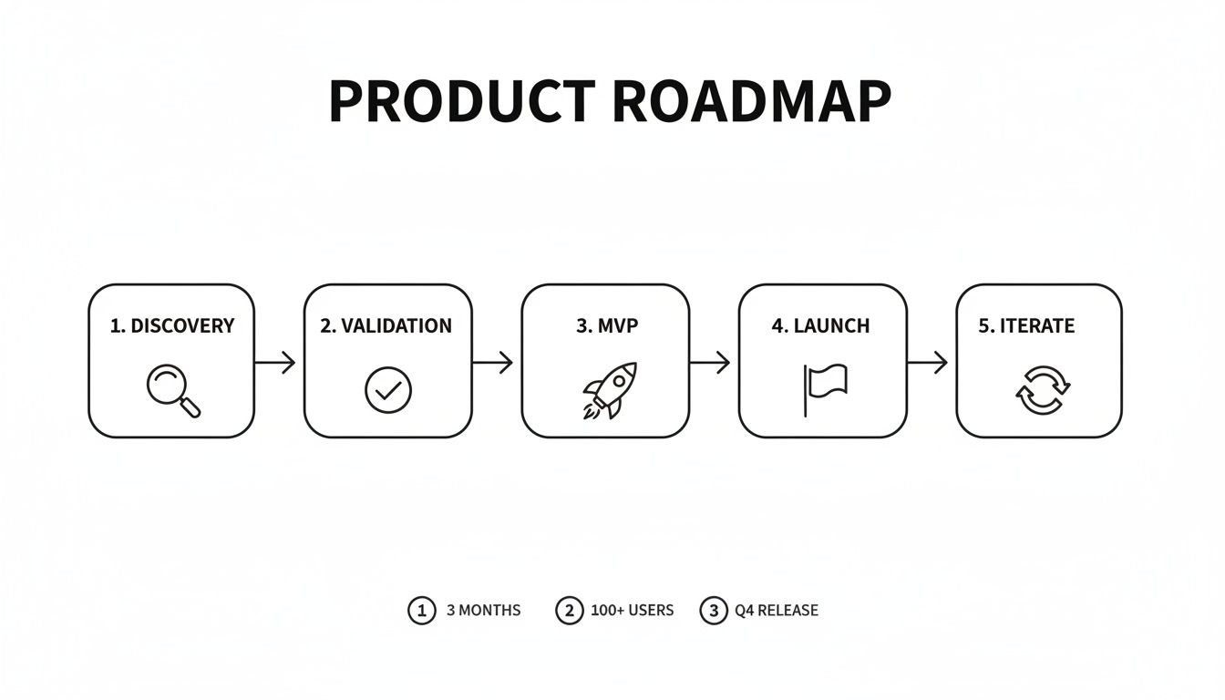 Product roadmap showing five stages: Discovery, Validation, MVP, Launch, and Iterate with key metrics.
