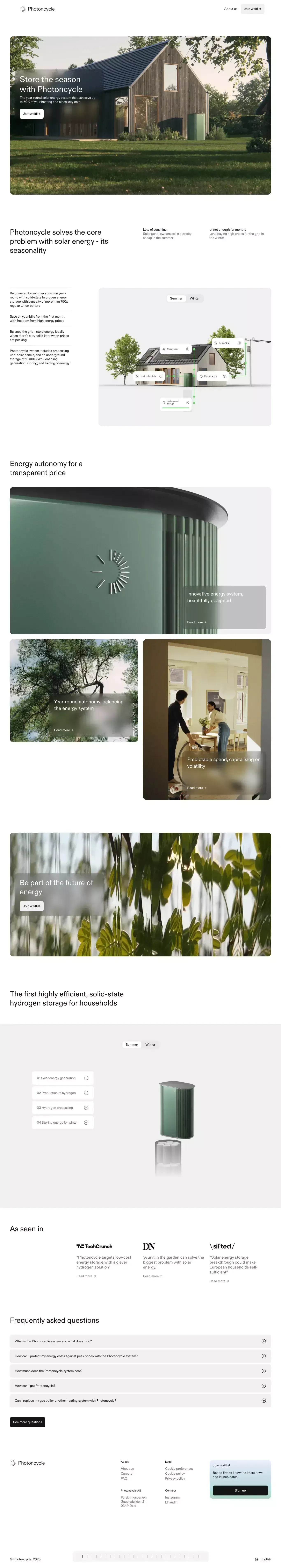 Store the season with Photoncycle landing page screenshot showcasing Real Estate and Tech design