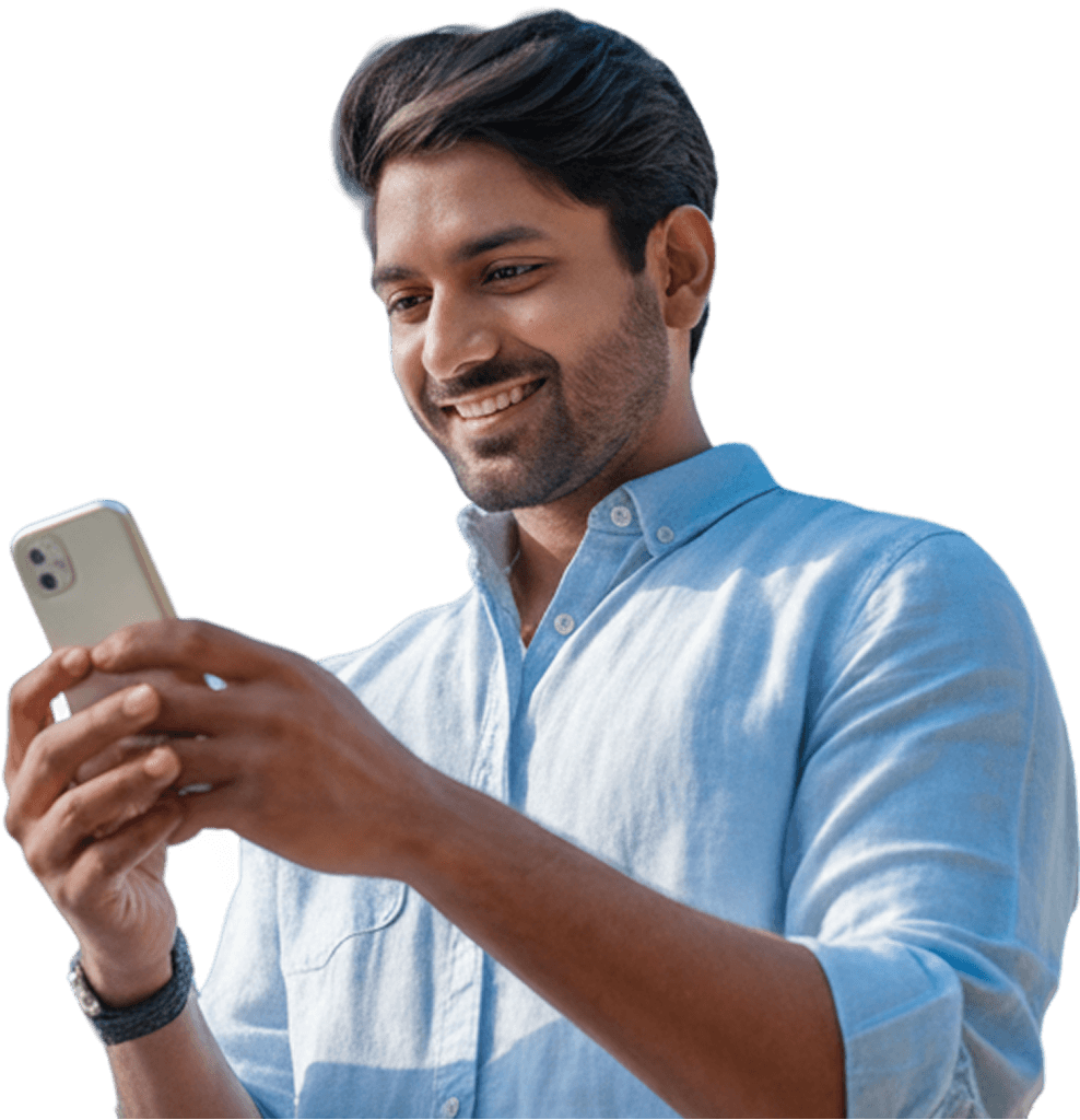 A man smiling while checking his phone and receiving notifications that his income tax return has been processed and a refund has been credited.