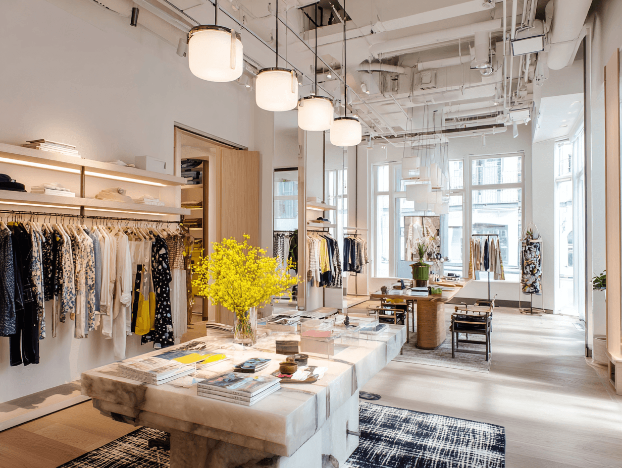 Bright clothing store interior with display tables, racks, and pendant lighting.