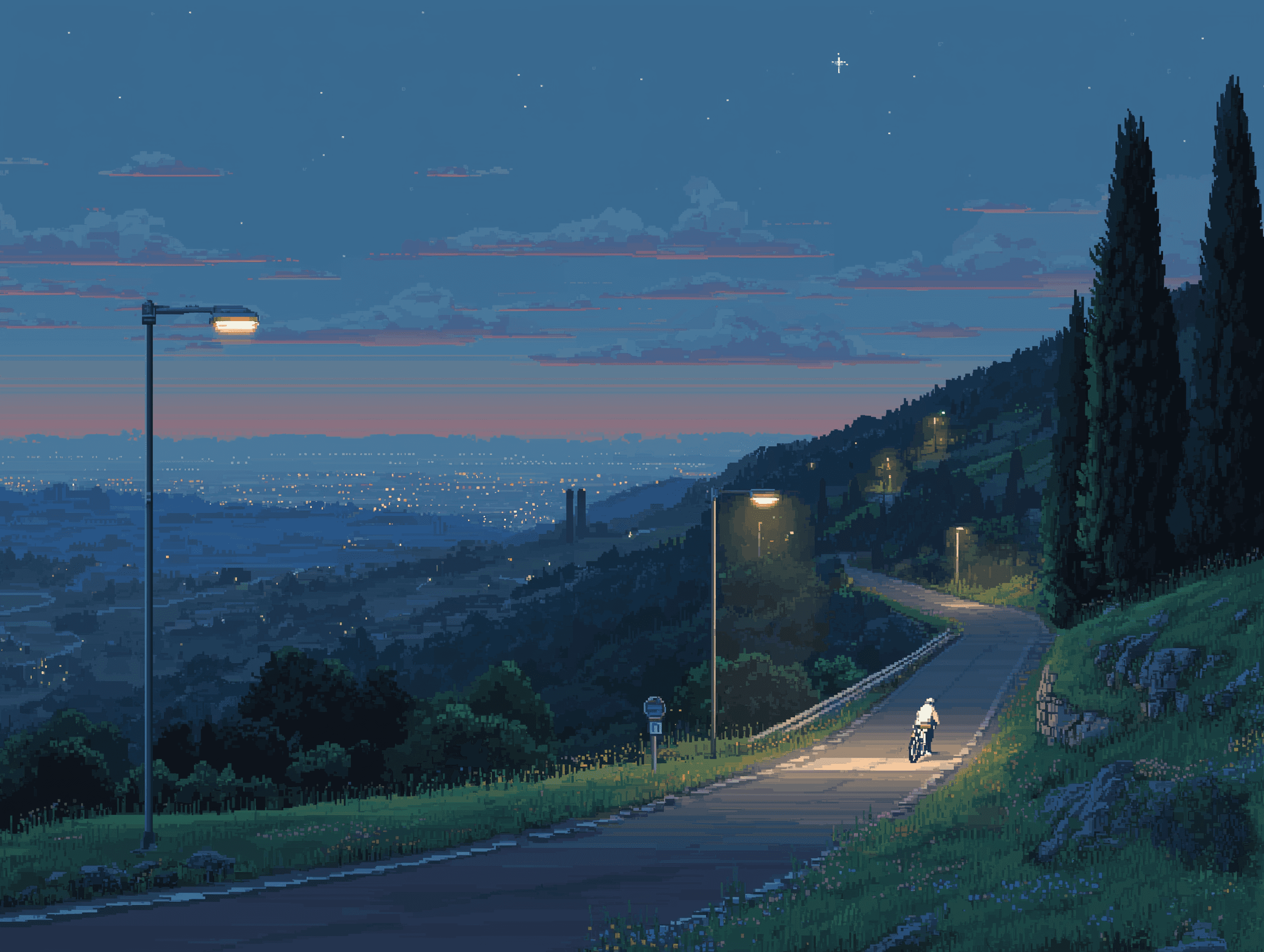 Pixel art of cyclist riding on a dark road.