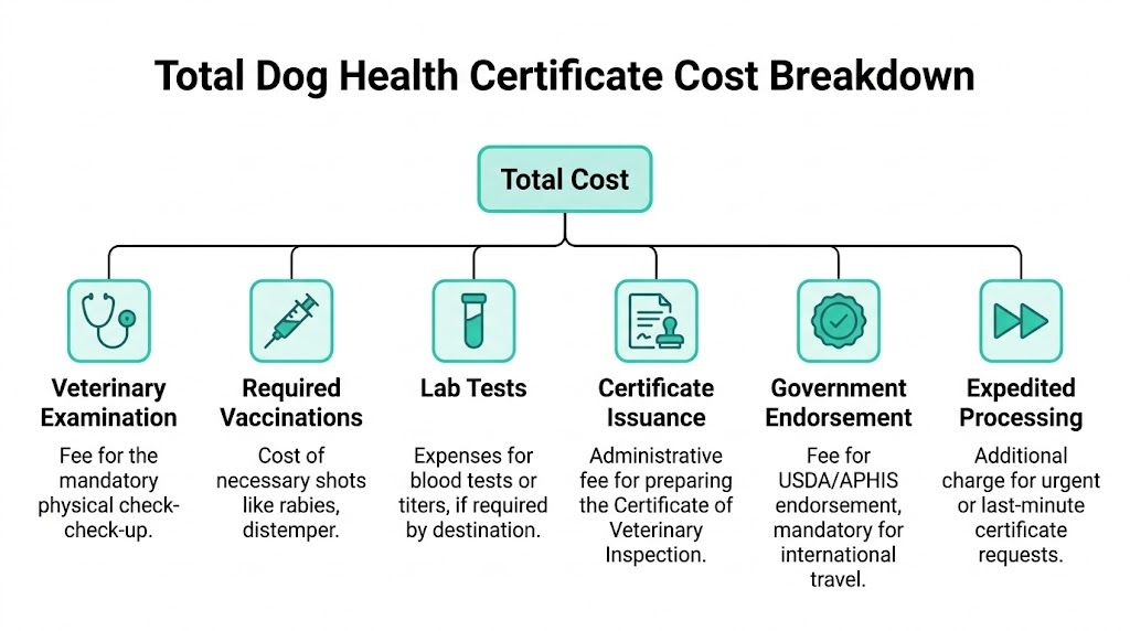 An infographic showing the various cost factors involved in obtaining a dog health certificate for travel.