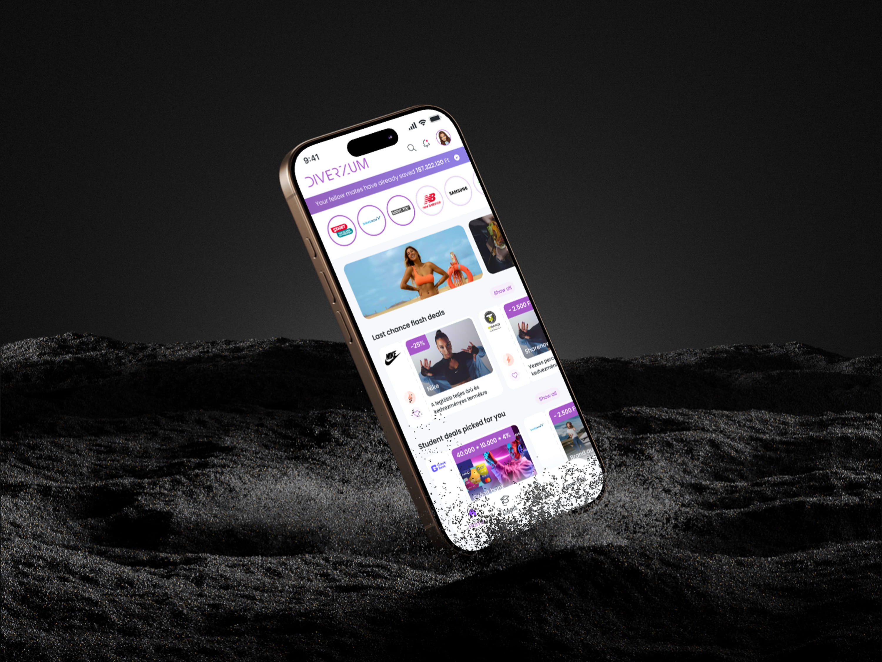 iPhone screen displaying Diverzum app with deals