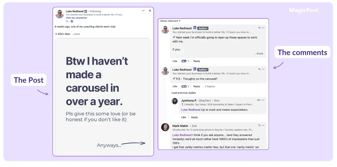 post showing the impact of comments on LinkedIn