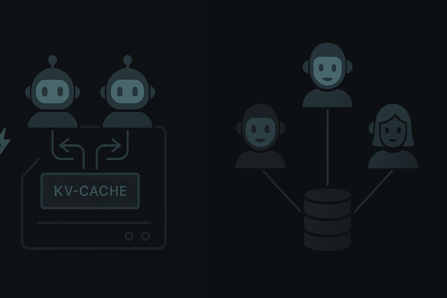 Side-by-side diagram comparing in-process KV-cache sharing with external vector database memory.