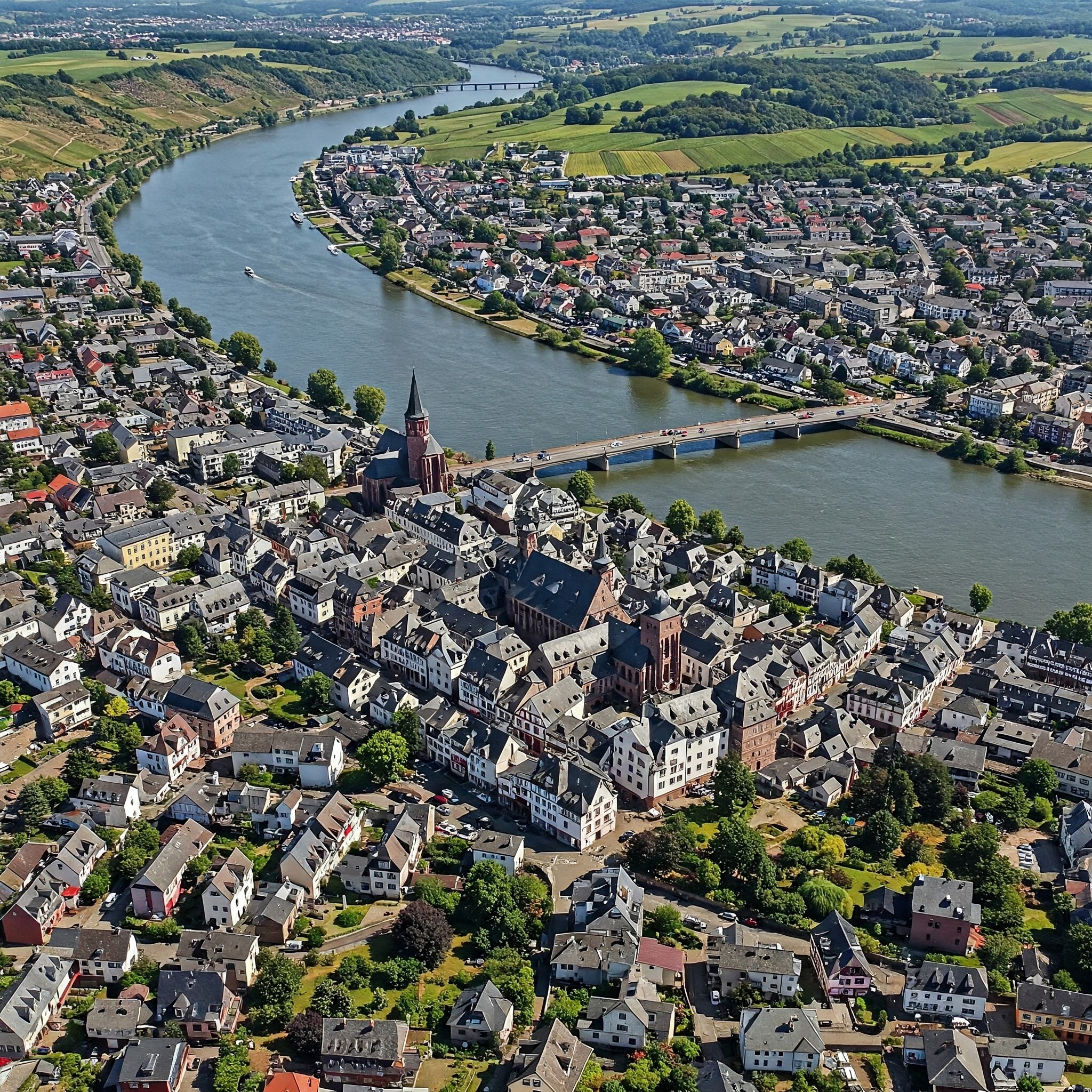 Eine Drohnenaufnahme zeigt die Stadt Bingen aus der Vogelperspektive. Der Rhein schlängelt sich durch die Stadt und die Weinberge erstrecken sich über die umliegenden Hügel. Die historische Altstadt mit ihren Fachwerkhäusern und dem Roten Turm ist gut erkennbar. Die Aufnahme vermittelt einen Eindruck von der Schönheit und Vielfalt der Region.