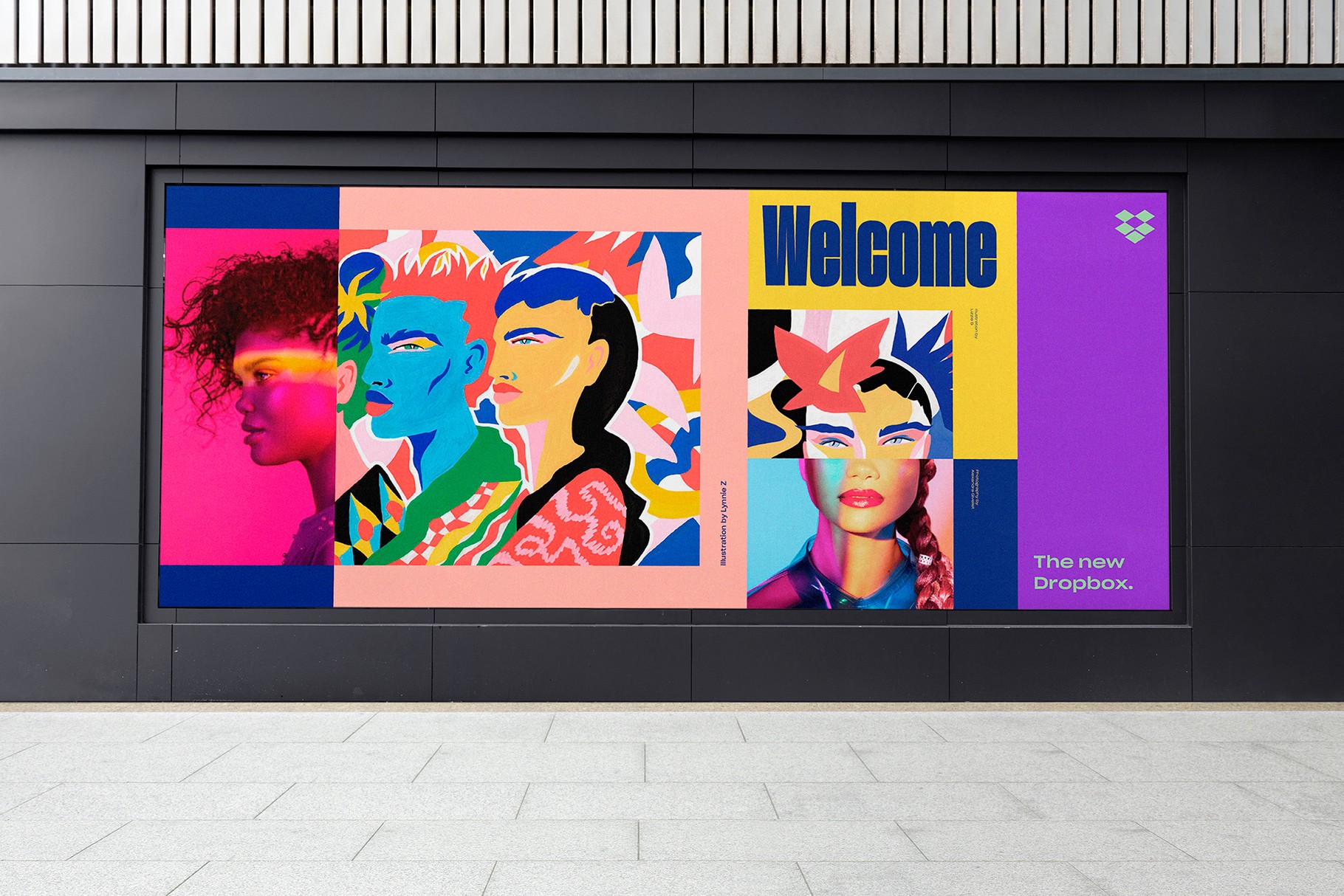 Street poster mockup featuring a colorful and illustrative collage of faces.