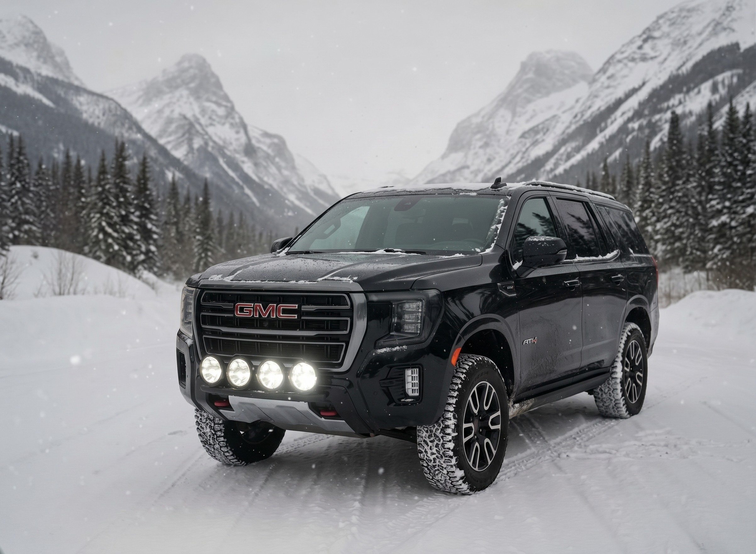 Cameron James Group winter-spec GMC AT4 SUV with studded tires and light bar on a snow-covered mountain road