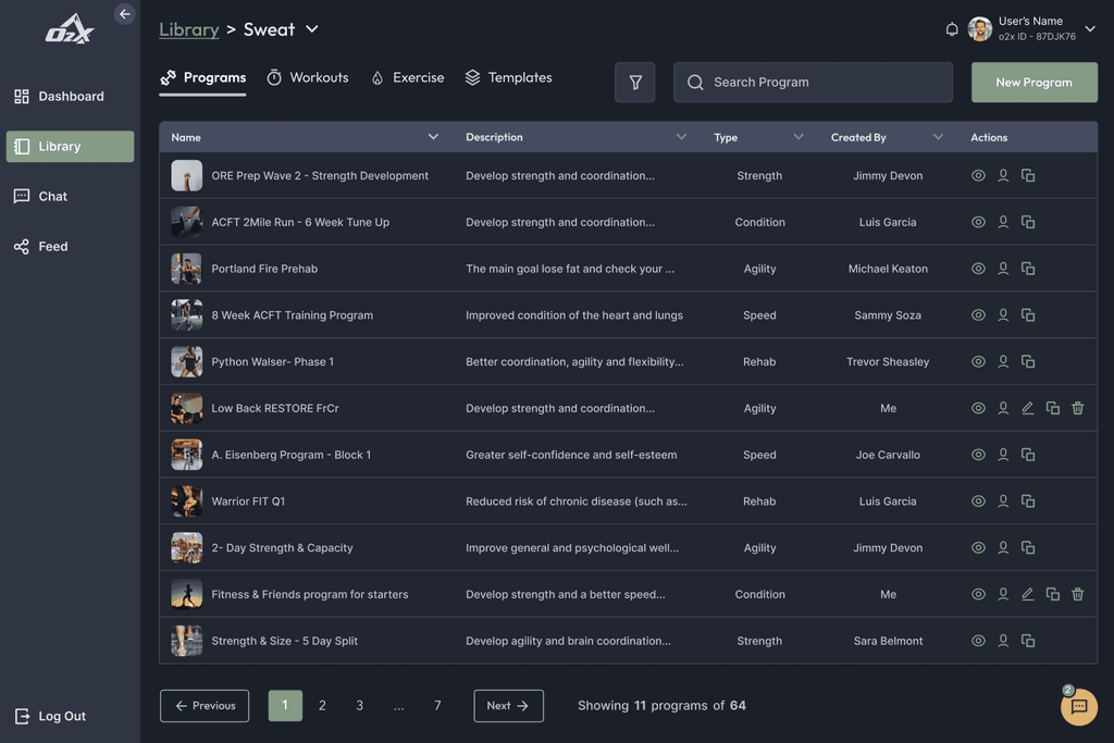 O2X list view for programs library screen