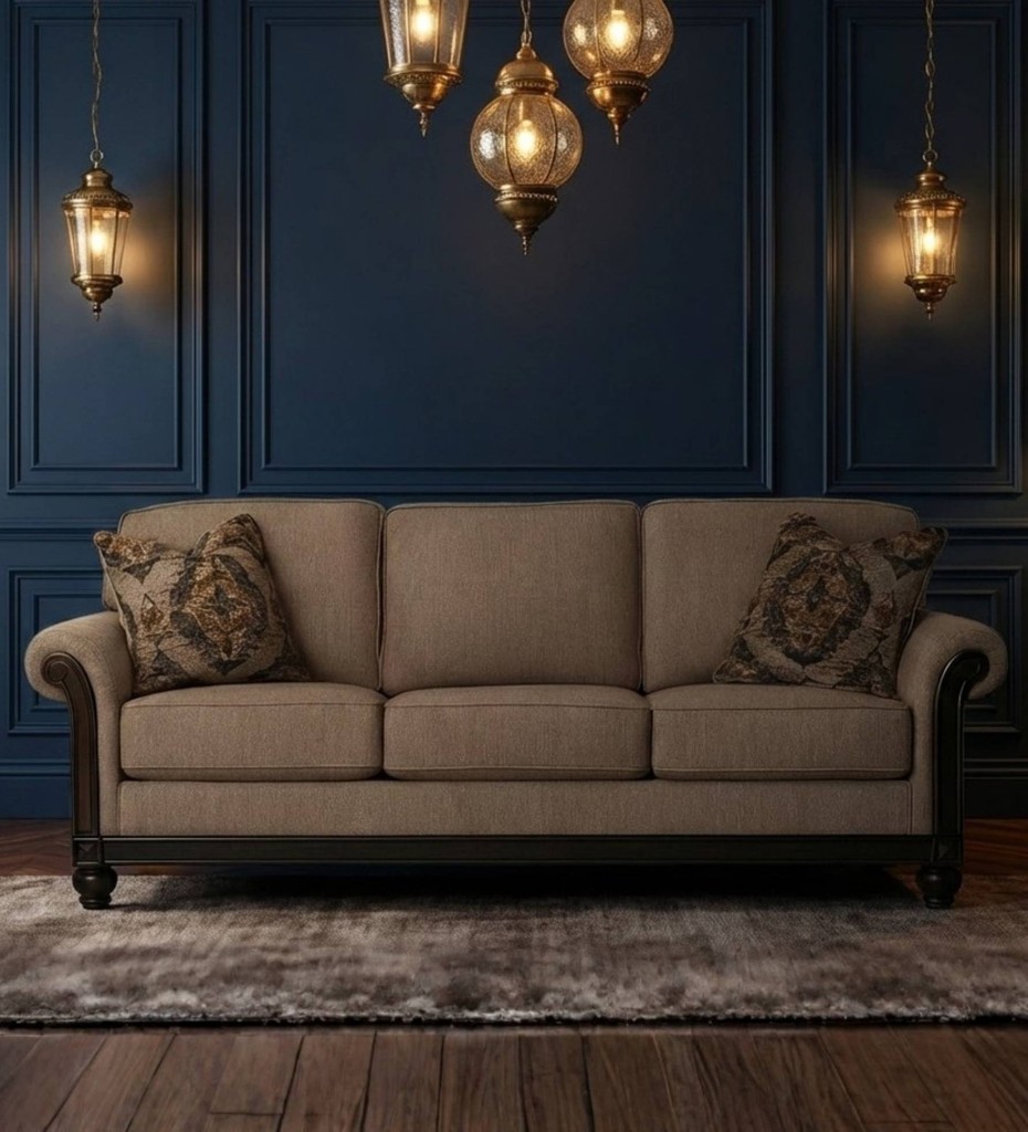 Luxury contemporary cane sofa with teal upholstery and wooden frame