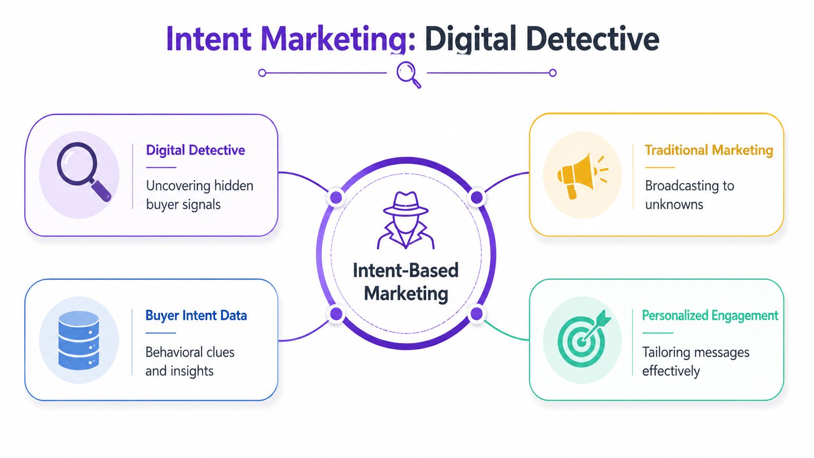 An infographic comparing digital detective intent marketing strategies with traditional marketing and personalized engagement methods.
