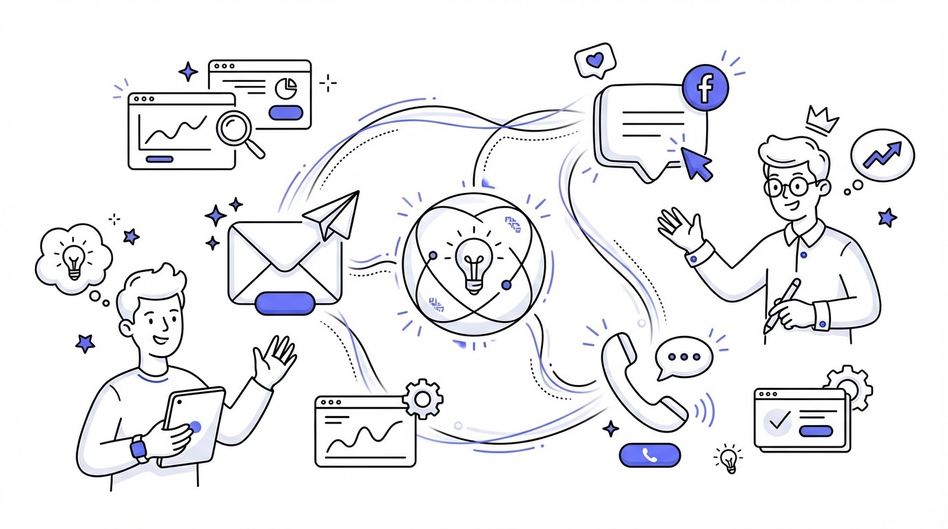 Illustration showing an email icon, a social media icon, and a phone call icon, all interconnected by glowing lines to a central hub, symbolizing synergistic sales channels.
