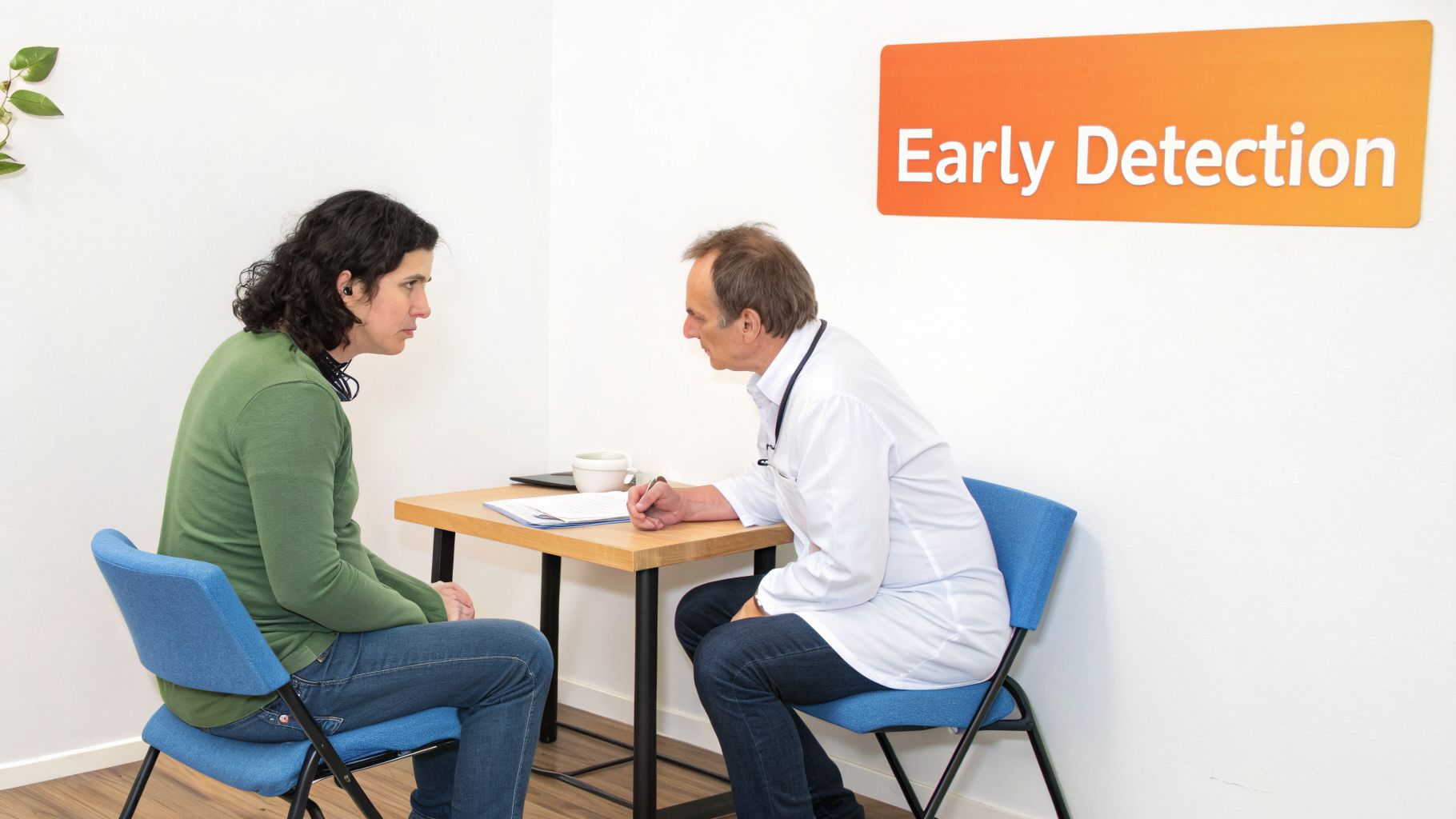 Doctor and patient consult at a table, an 'Early Detection' sign visible on the wall.