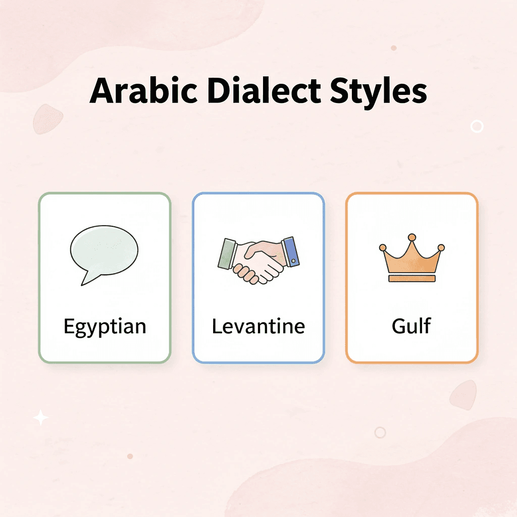 Infographic showing three Arabic dialect styles