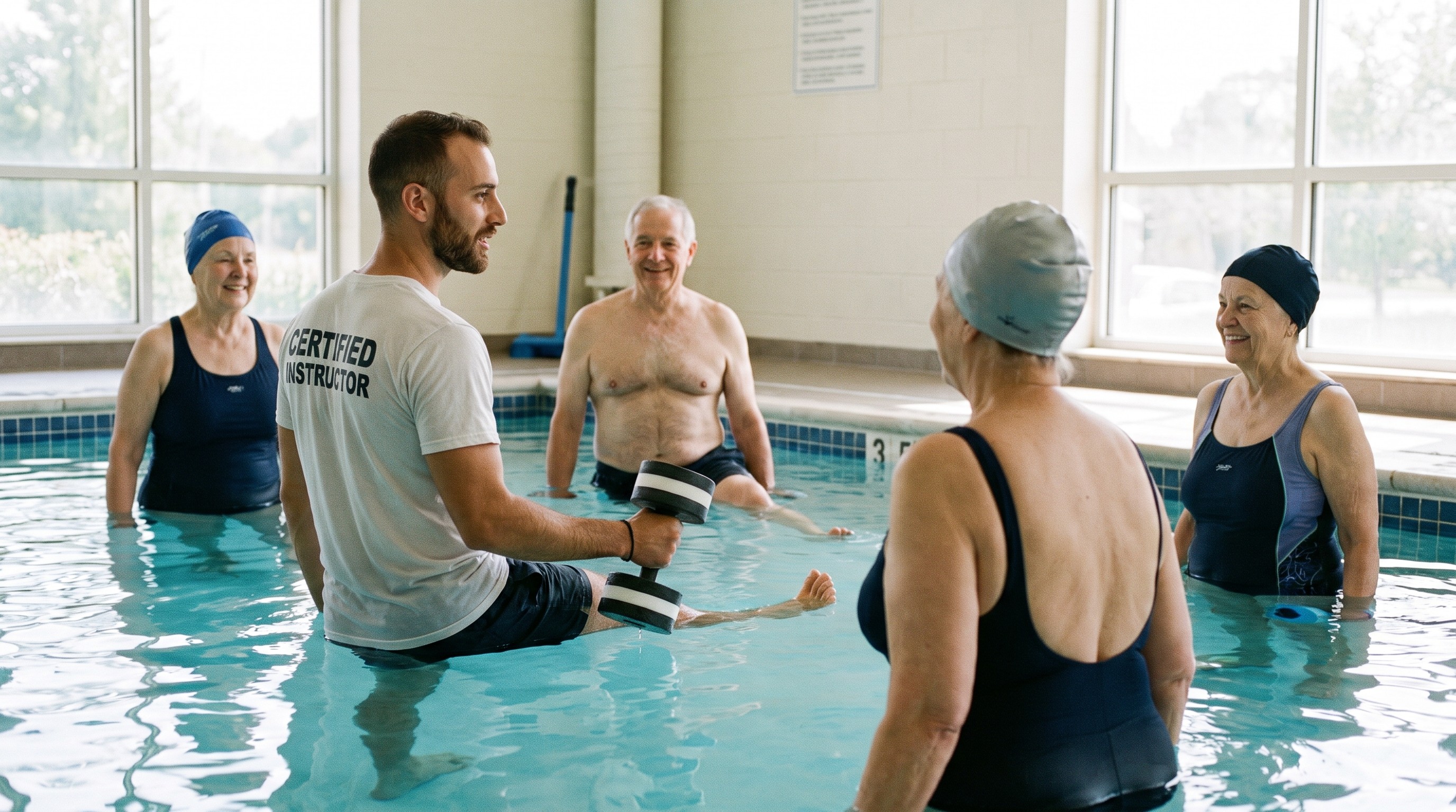 istruttore acquafitness AIF con gruppo di adulti over 55 in piscina durante esercizi di equilibrio