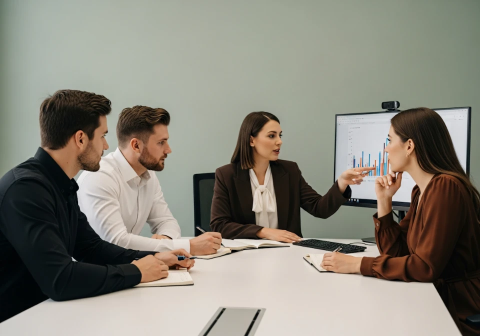 Four people are in a conference room discussing while looking at a monitor displaying a bar chart. The setting is professional and focused.