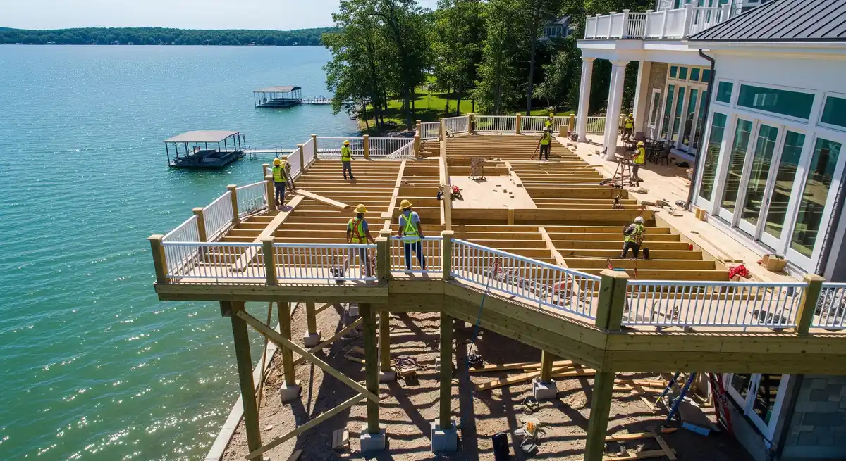 Deck being built on a lake home
