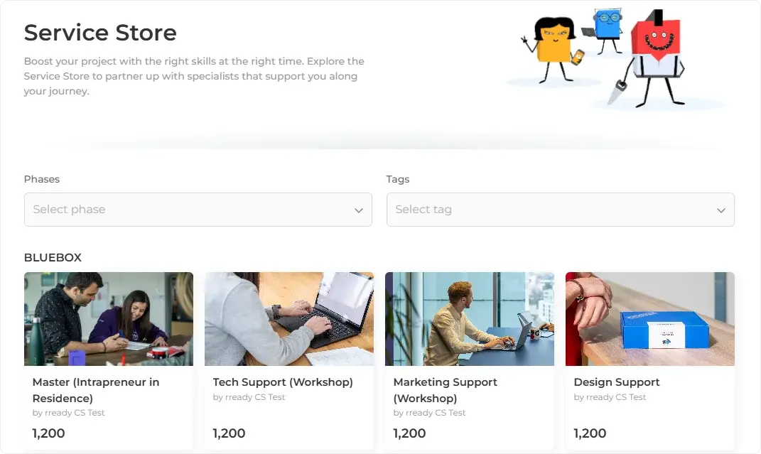 Service Store page showing available workshops and support services with thumbnails and pricing.