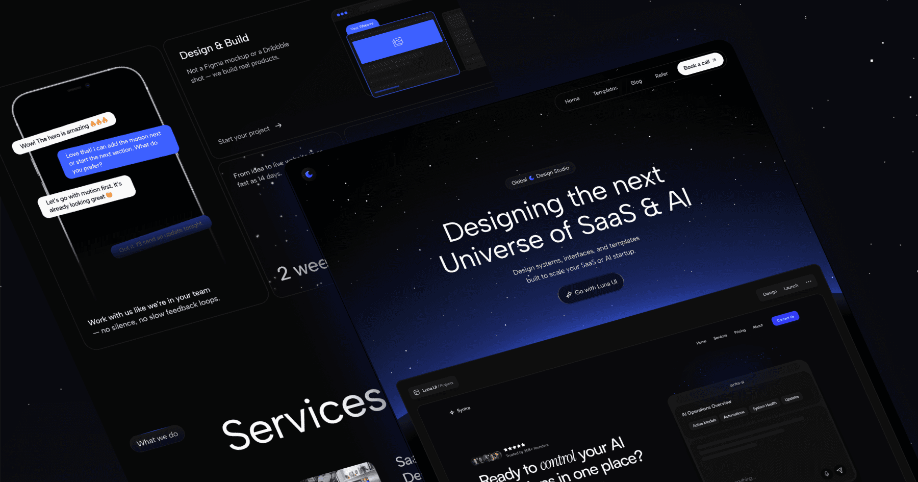 Luna UI Design Studio website interface — modern dark-mode layout with chat-style collaboration section and headline “Designing the next Universe of SaaS & AI,” representing the studio’s focus on clarity, systems, and innovation for tech founders.