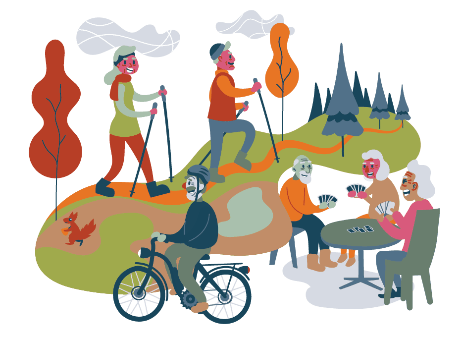 Illustration for a small Swiss municipality, where it shows different activities that are done by senior citizens.