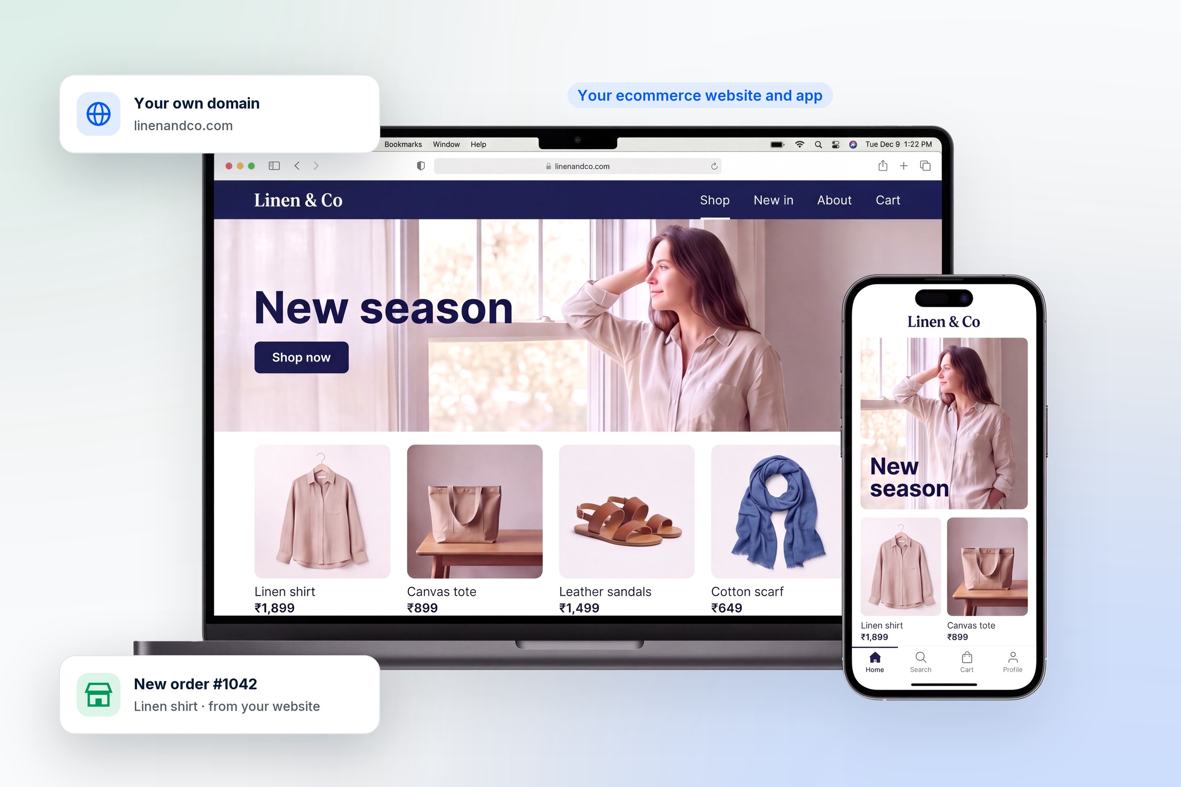 1D2C ecommerce website builder: an ecommerce website on a MacBook Pro and the same store as an iPhone app, with your own domain and a new order notification