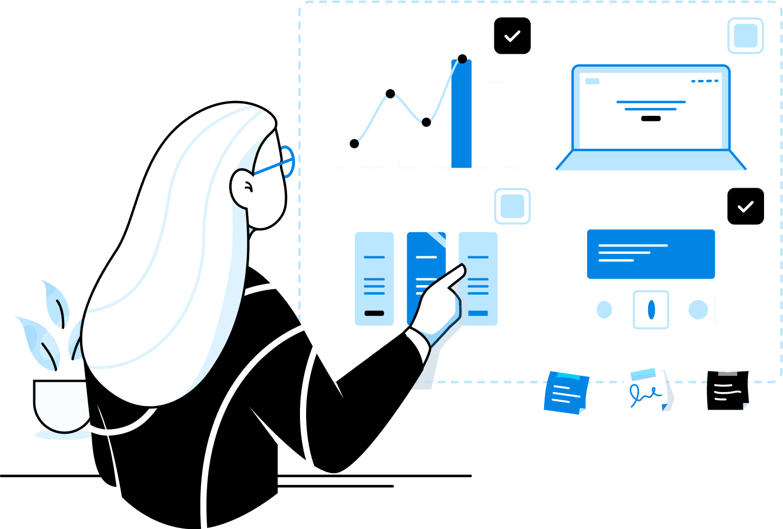 Illustration of woman interacting with a user interface