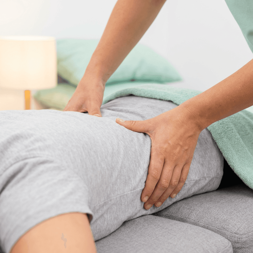 Sanfte Massage Behandlung am Rücken in entspannter Praxisatmosphäre