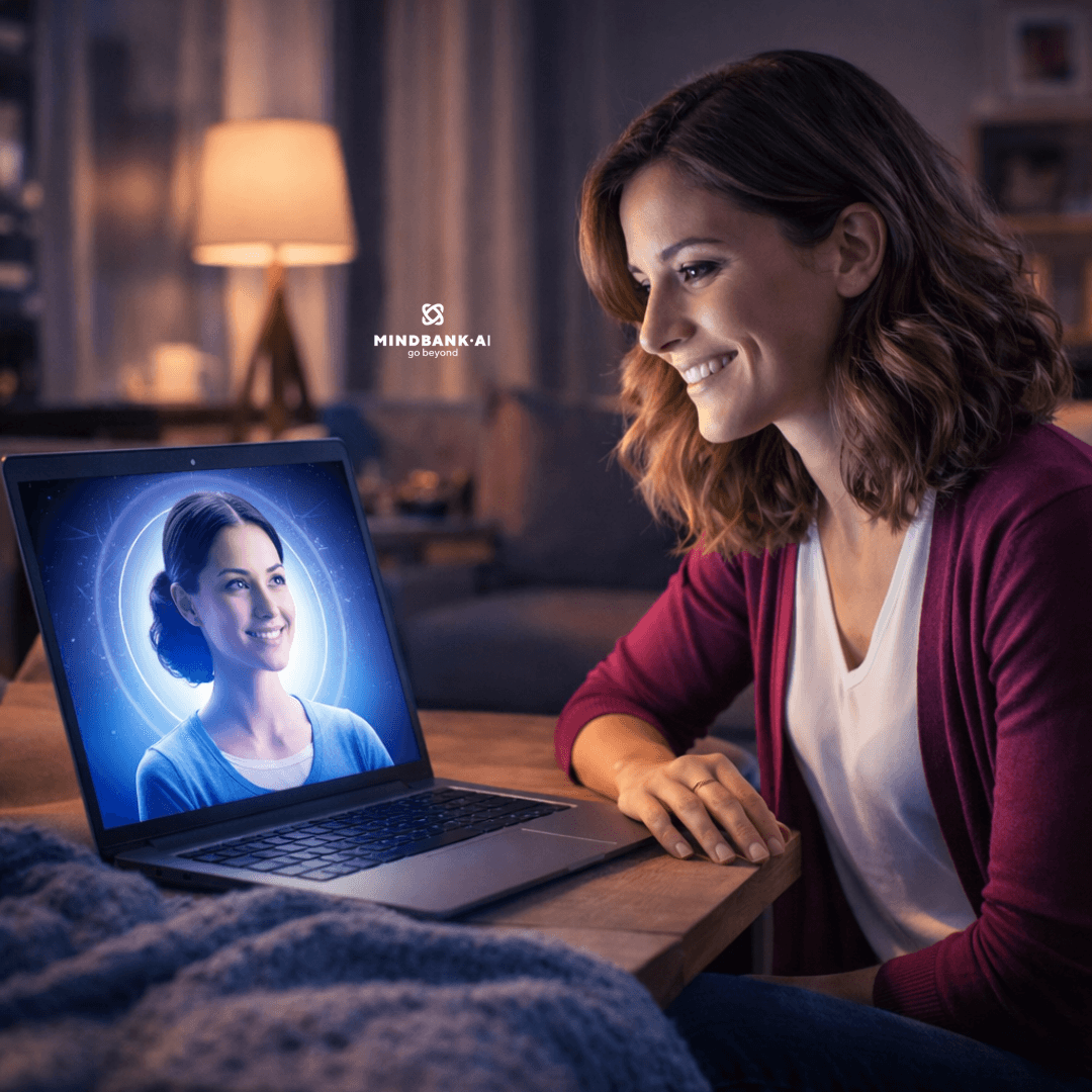 Woman interacting with an AI digital assistant on a laptop in a home environment, representing personalized AI support and virtual coaching