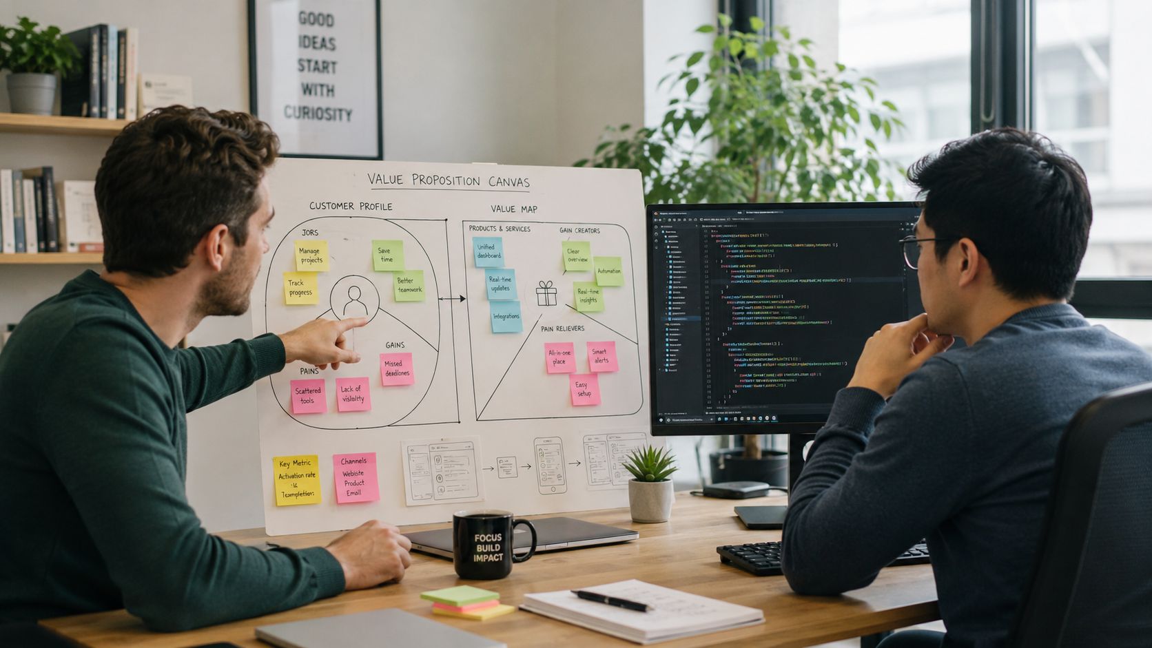 Two professional colleagues collaborating on a software project using a Value Proposition Canvas and computer code.