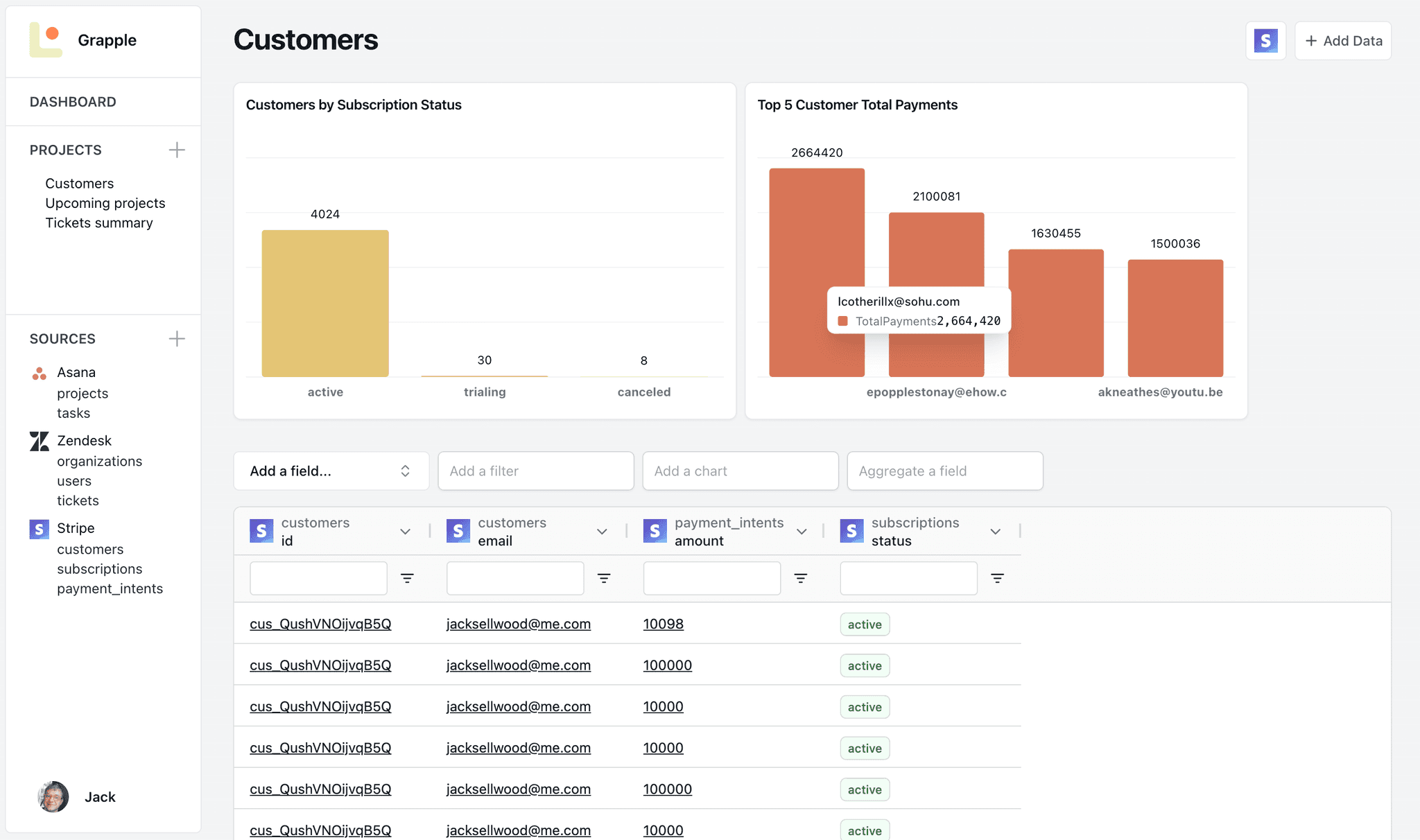 grapple screenshot of a customers dashboard