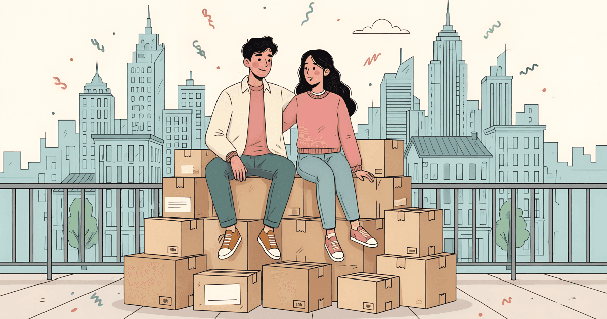 Illustrated young couple sitting on top of a stack of moving boxes on a sidewalk. The woman wears a pink sweater, the man wears a light cardigan. A potted plant, rolled-up rug, and smaller boxes surround them. A street lamp to the right. A city skyline in soft outline behind them with cars on the road. Hand-drawn doodle marks in teal scattered in the sky. Warm cream background, flat painterly style, variable linework.