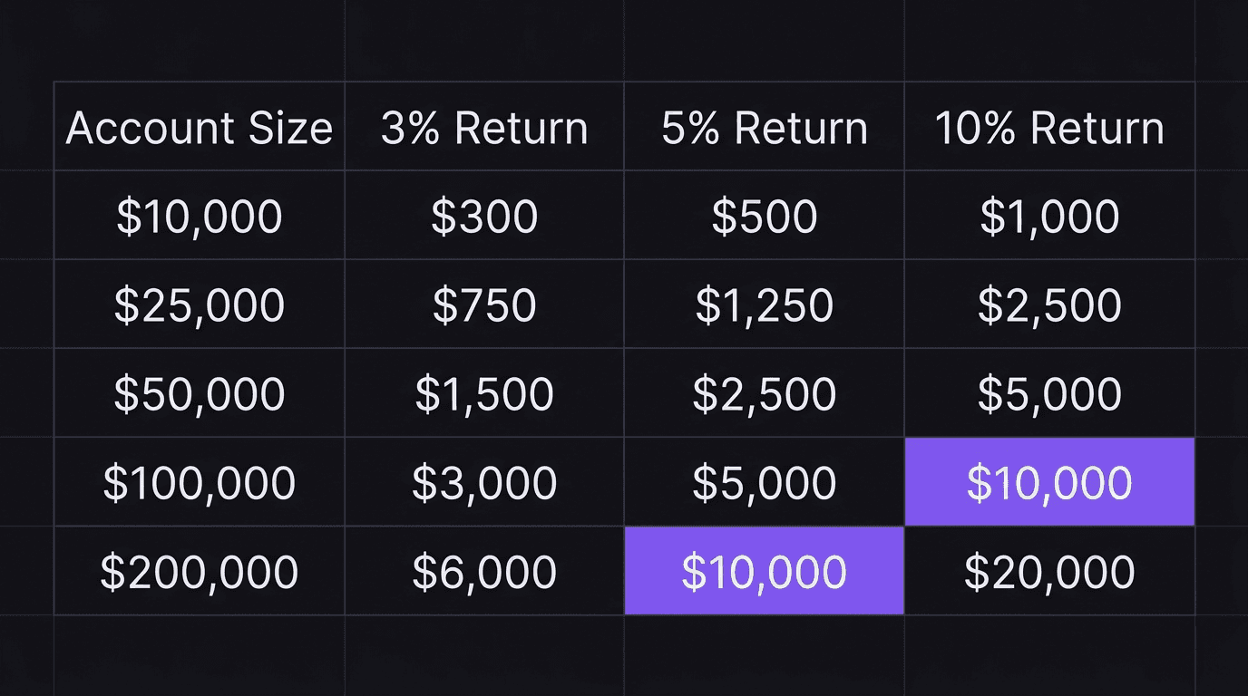Spreadsheet table showing monthly income at different account sizes and return percentages