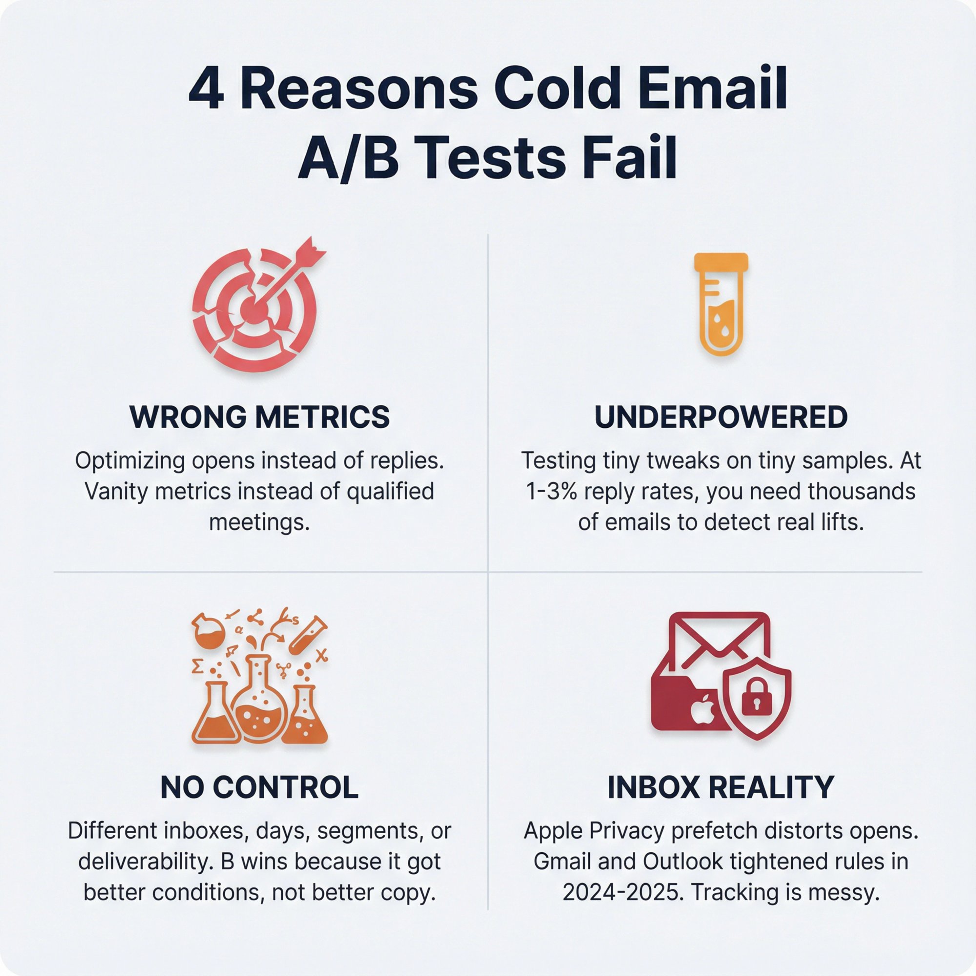 Infographic showing four reasons why cold email A/B tests fail: wrong metrics, statistical underpowering, lack of control, and ignoring modern inbox reality