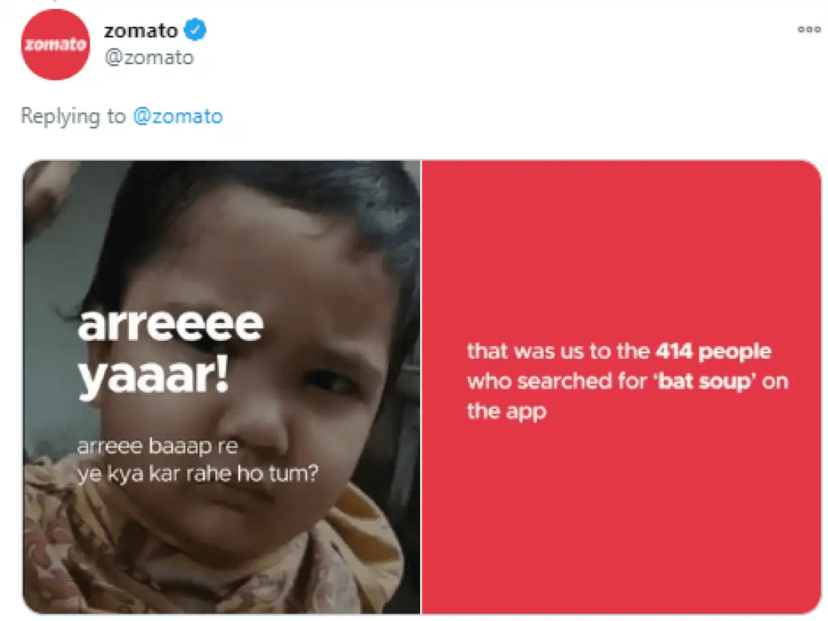 Zomato 'arreee yaaar' meme tweet replying to people who searched bat soup
