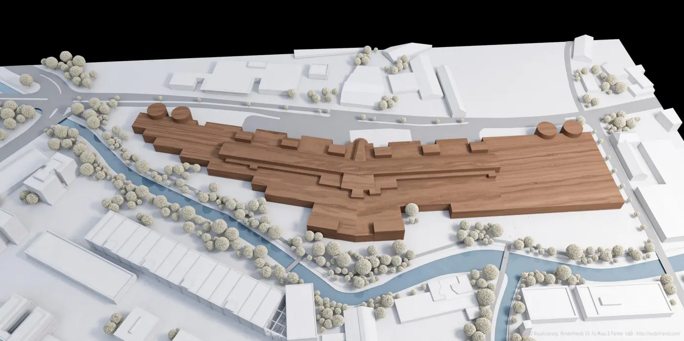 Isometrische Zeichnung eines Bauprojekts mit mehreren Gebäuden und markierten Strukturen in Rot
